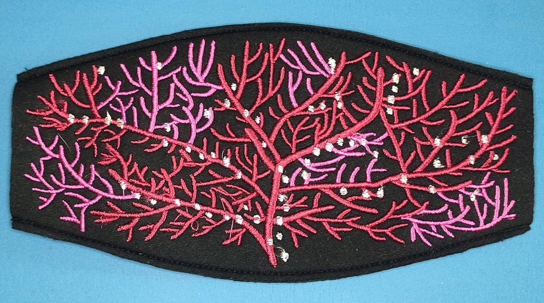 Coral Dive Mask Strap Embroidered on Black Neoprene